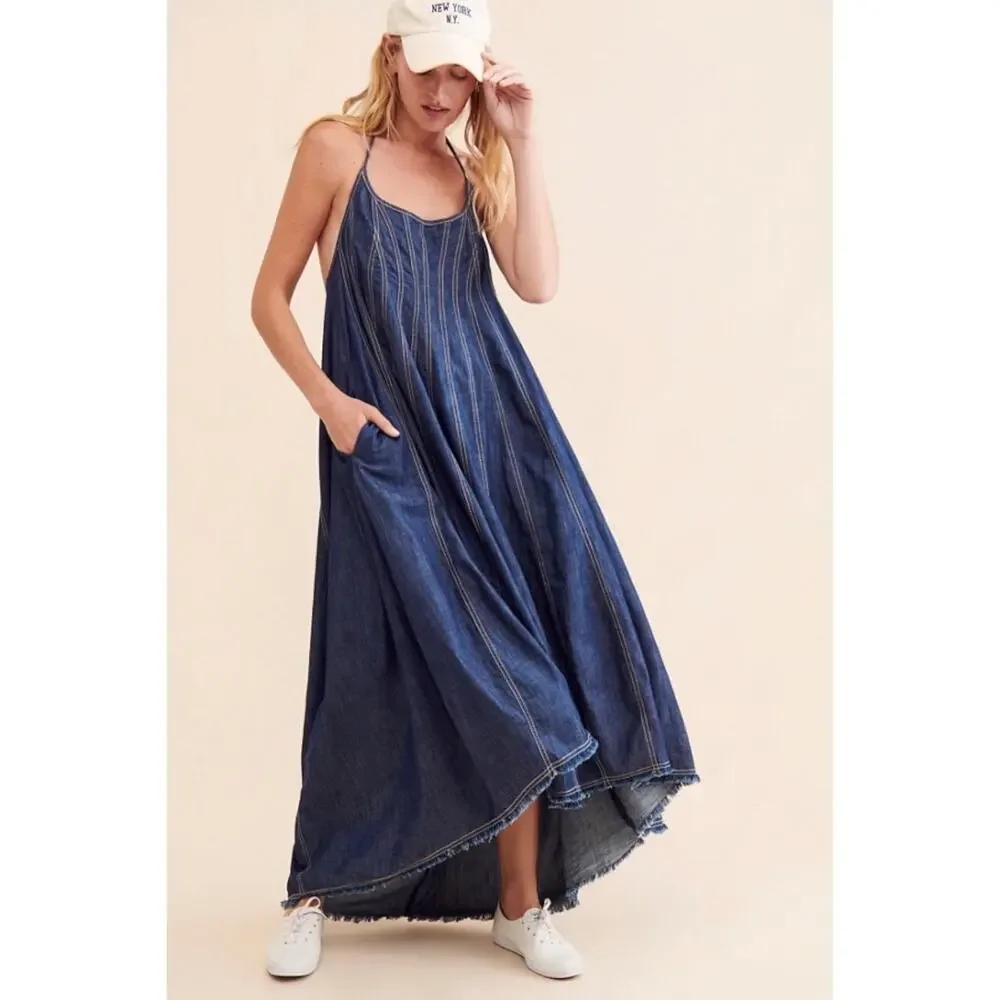 Free People Denim Dreams Midi Dress in 70s Blue Size XS Jean Jumper Retro NWT